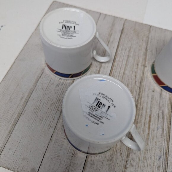 Vintage Pier 1 CELEBRATION Flat Coffee Tea Cups Porcelain Gold Trim Set of 4 - Picture 6 of 8